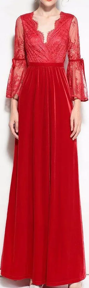 Bell-Sleeve Lace & Velvet Gown, Red