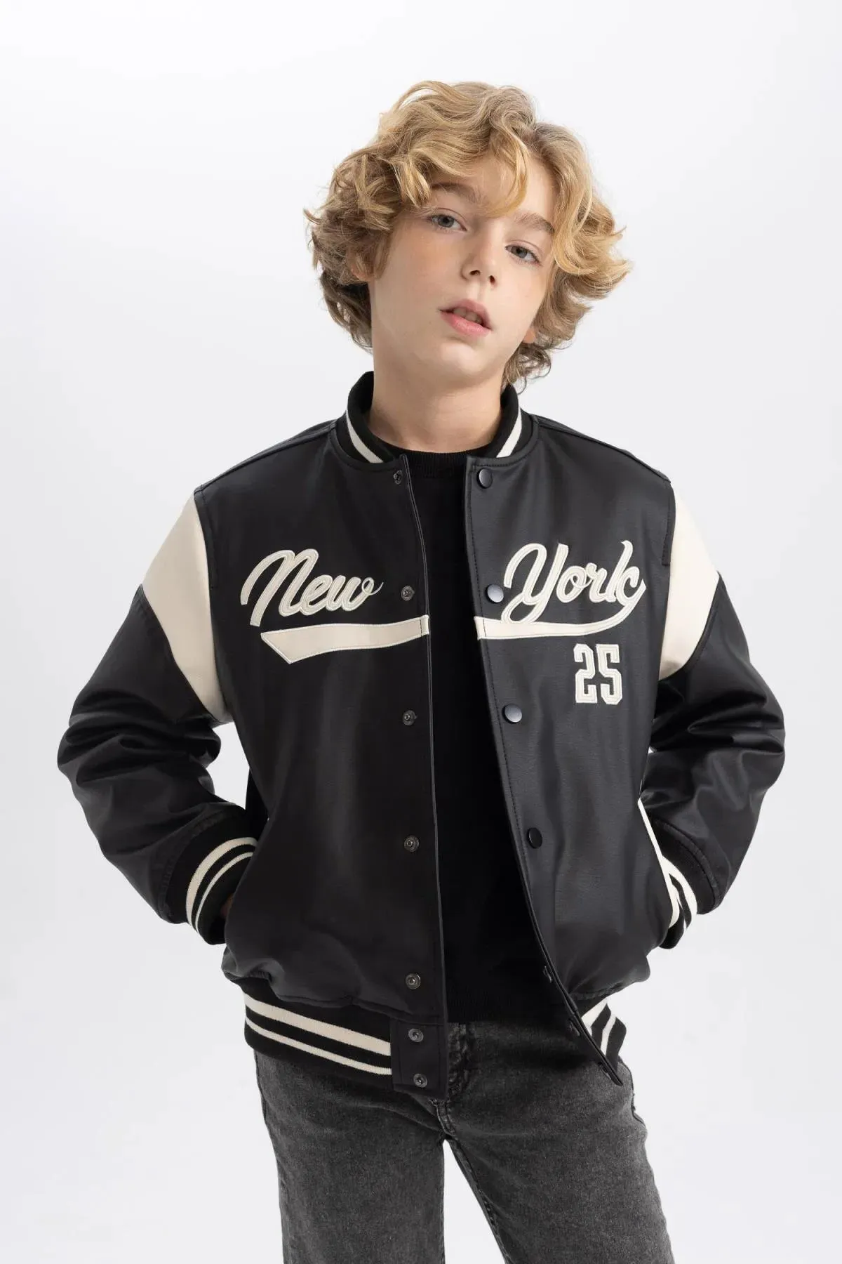 Defacto Boy's Black White Repellent College Collar Bomber Faux Leather Coat