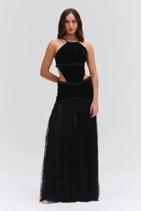 High Neck Velvet and Lace Gown