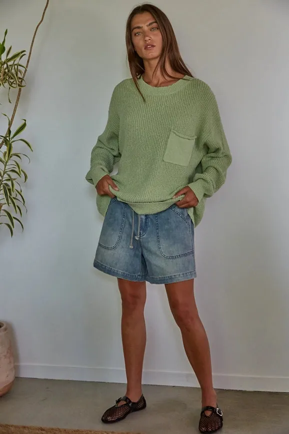 Knit Cotton Sweater Ribbed Pullover Top Light Sage