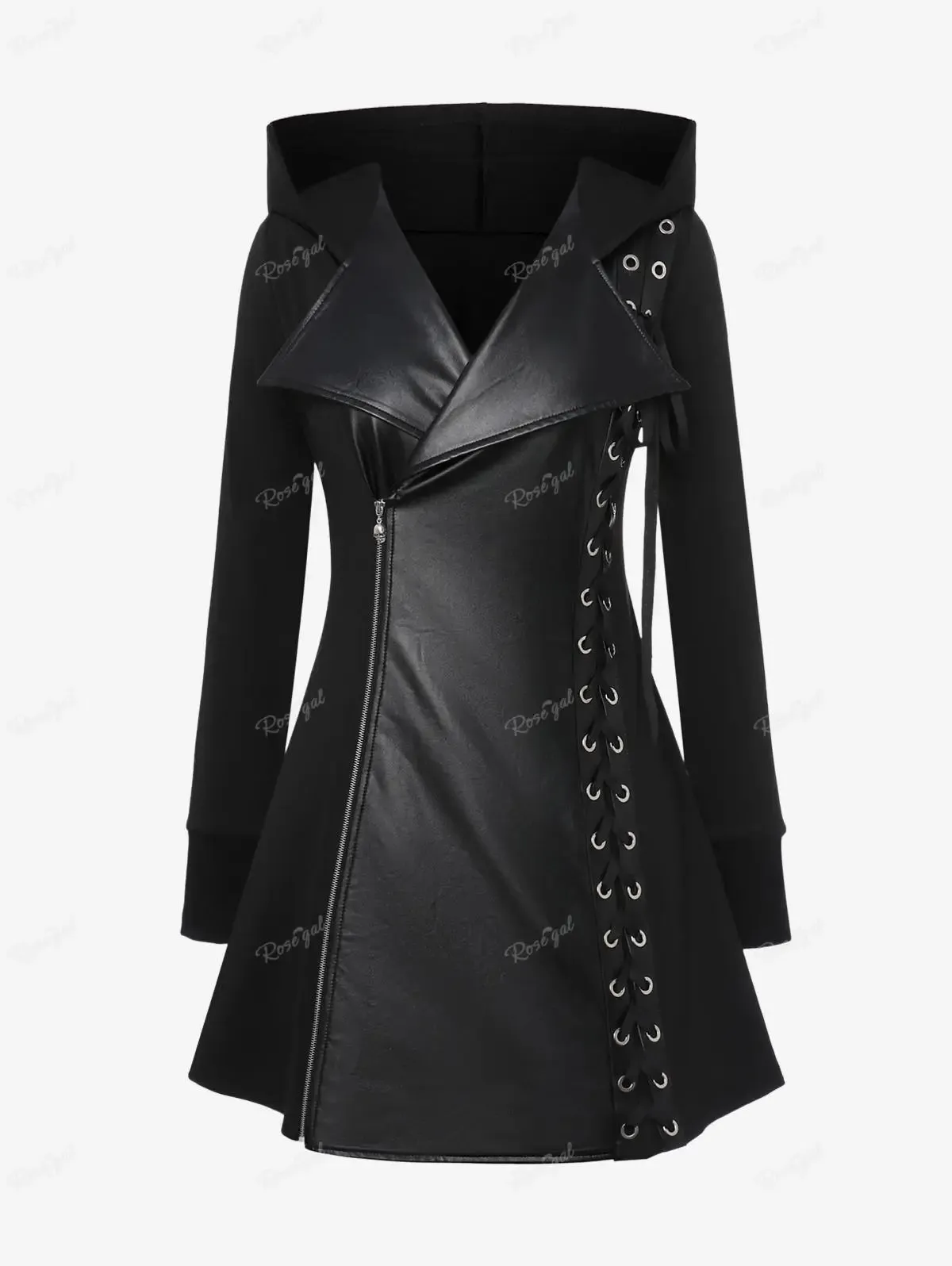 Rosegal Plus Size Gothic Pu Panel Kapuzen mäntel schwarz schlanke Outwear Turn-Down-Kragen Schnür geflochtene Tülle Seite Reiß verschluss Jacke Mantel